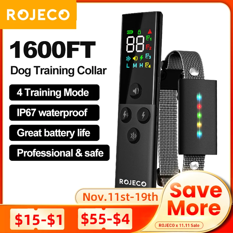 ROJECO collier de dressage pour chien avec télécommande 1600FT IP67 collier de chien électrique étanche pour collier d'arrêt de contrôle des aboiements pour chien de compagnie