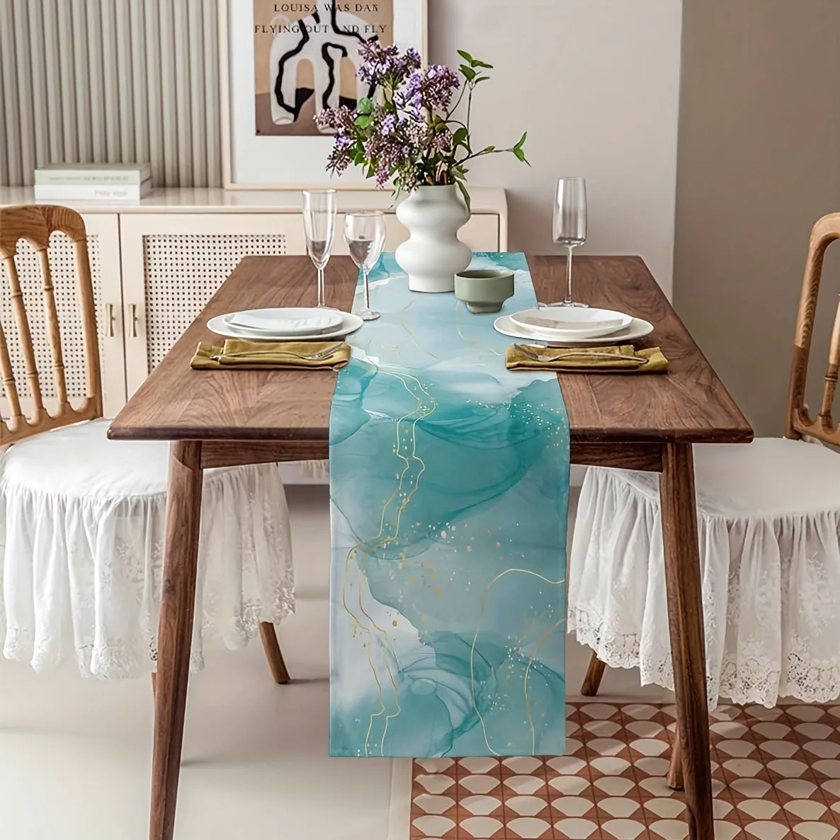 Teal Golden Marble Lines Linen Table Runners Color Marble Dresser Scarf Table Decor Wedding Kitchen Coffee Dining Table Decor