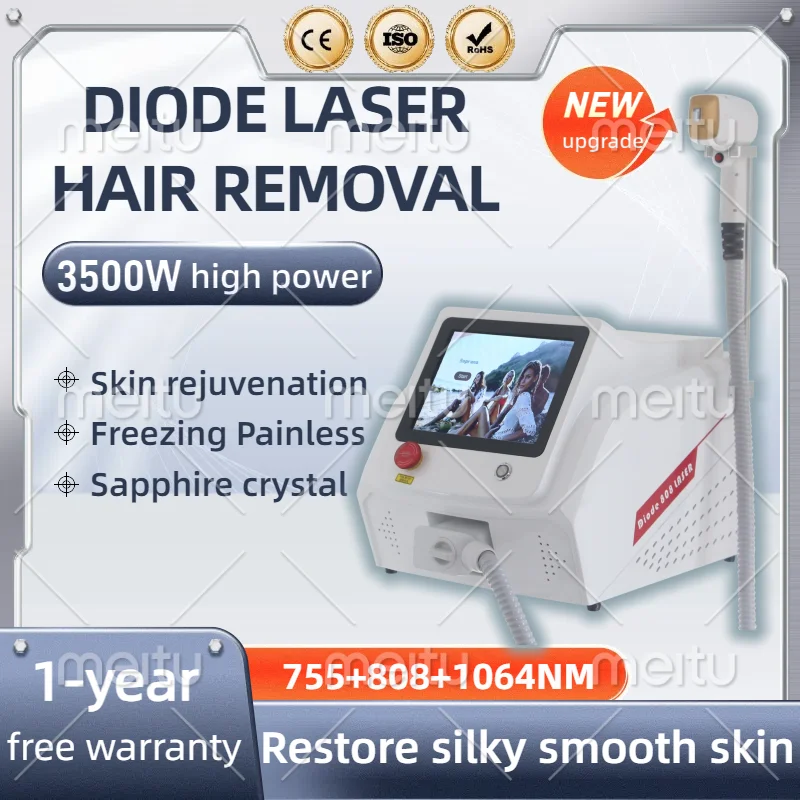 

808nm Diode Laser Hair Removal Machine 3500W Permanent Cooling Head Safe Painless Epilator 3 Wavelength 755 1064 808 Salon CE