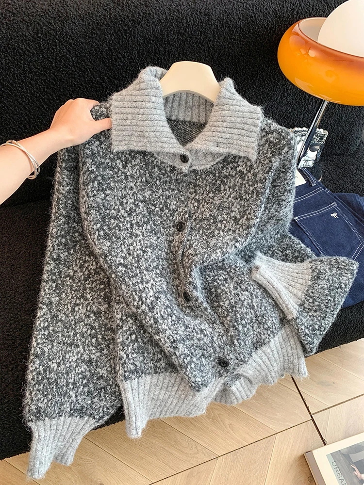 

Ленивый стиль, толстый свитер с воротником с лацканами, женский осенне-зимний новый повседневный однобортный свободный модный топ с цветными блоками