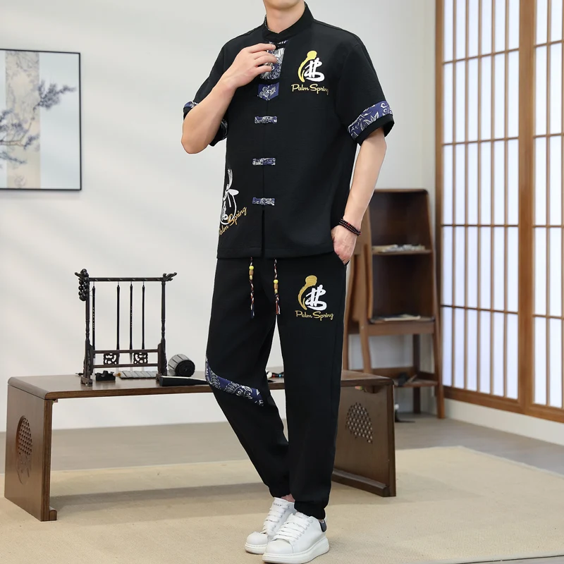 Shirts +pants 2026 summer Chinese style Sportswear Men's Casual Two-piece Sets spring Male Fashion men casual printing shirts