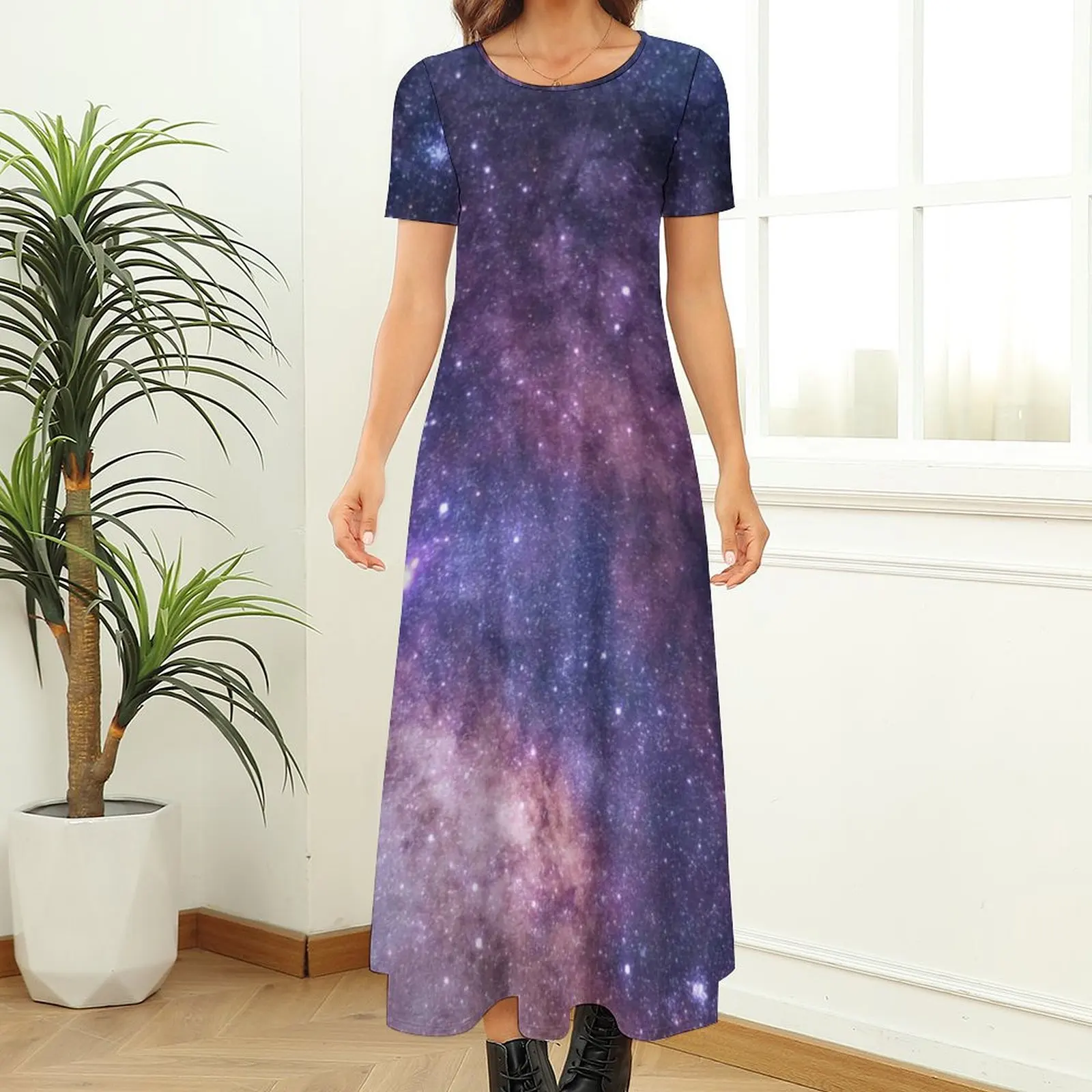 Galaxy Star Print Dress Nebula Planets Stars Elegant Maxi Dress Aesthetic Bohemia Long Dresses Ladies Short Sleeve Vestidos