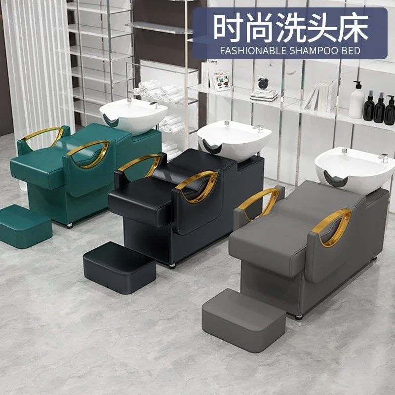 Barber shop shampoo bed Hair salon hair wash with high pedal recliner semi-reclining ceramic basin flush bed