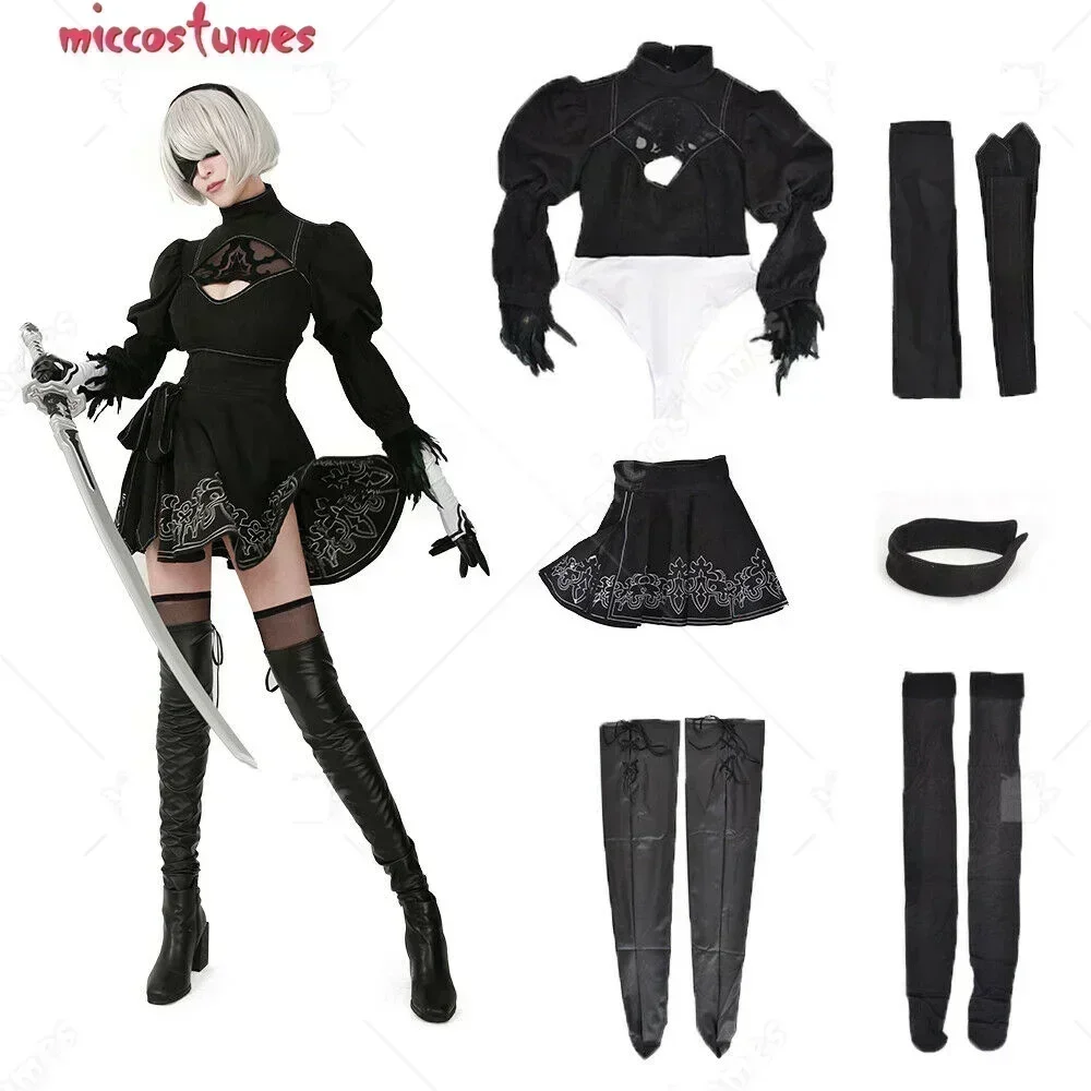 Miccostumes 24Hours Shipping Women's 2B Cosplay Costume Leotard Skirt with Hairband Leggings and Wig Halloween Cosplay Costume