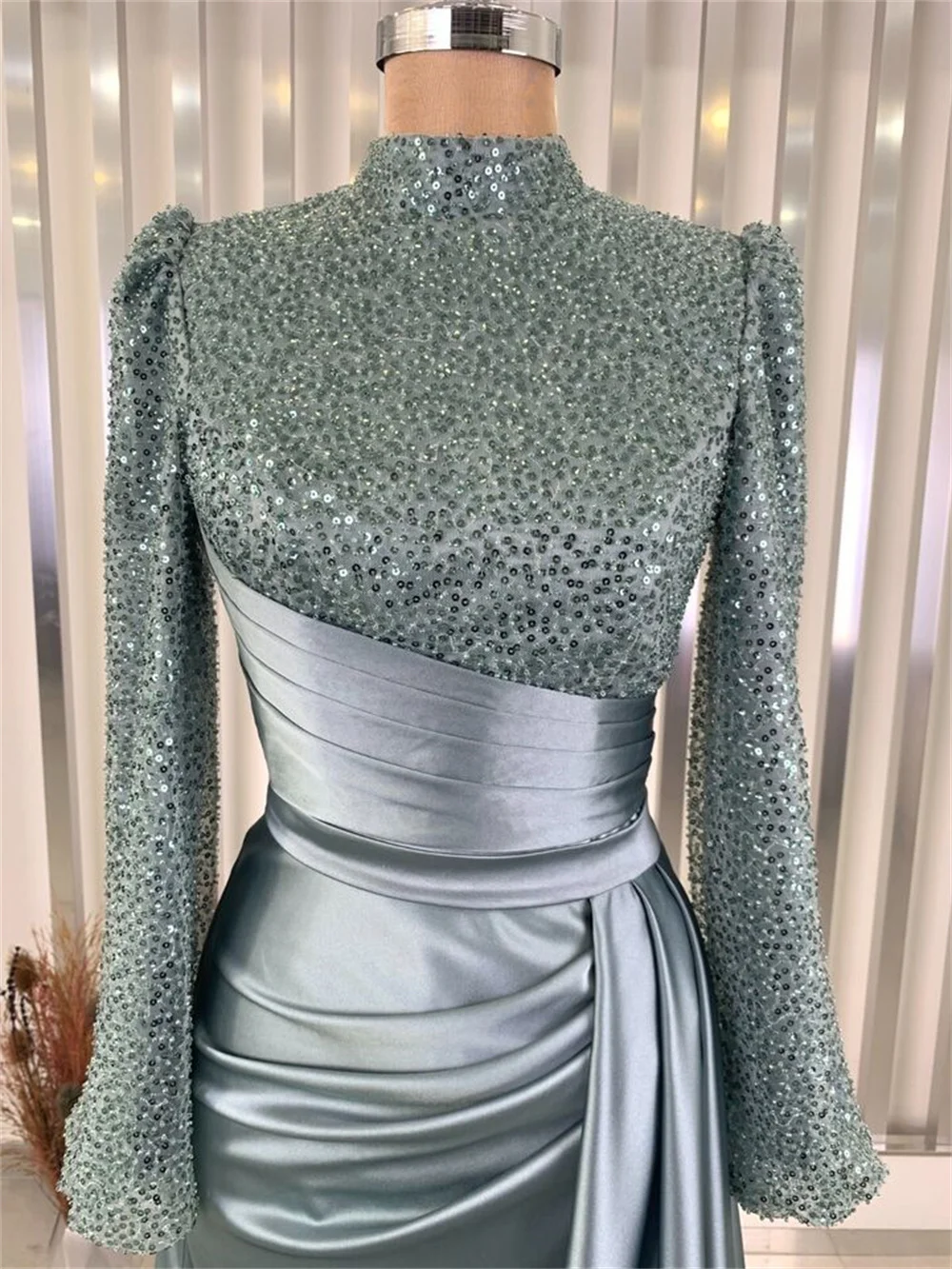 Amanda Modest Long Sleeve فساتين سهرة High Neck Sequins Vestidos De Fiesta With Side Train Elegant Mermaid Porm Dresses 2024