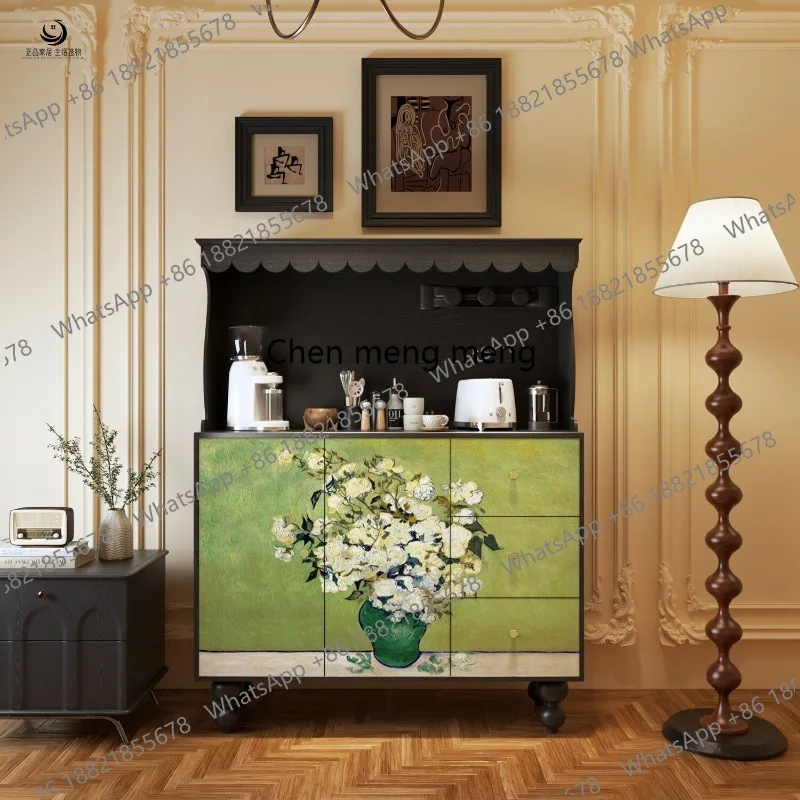 

French retro style lacquer painting, solid wood dining side cabinet, entrance kitchen storage, bed and breakfast