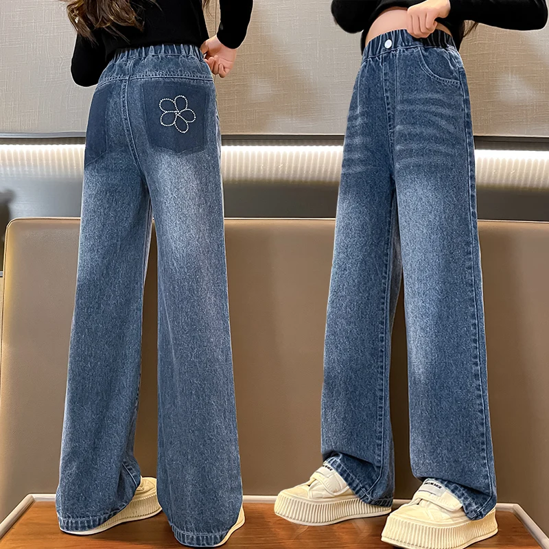 Jeans For Girl Flowe Pattern 2023 Kids Girl Spring Autumn Wide Leg Pants Kids Casual Style Children's Clothing for 5-16Y