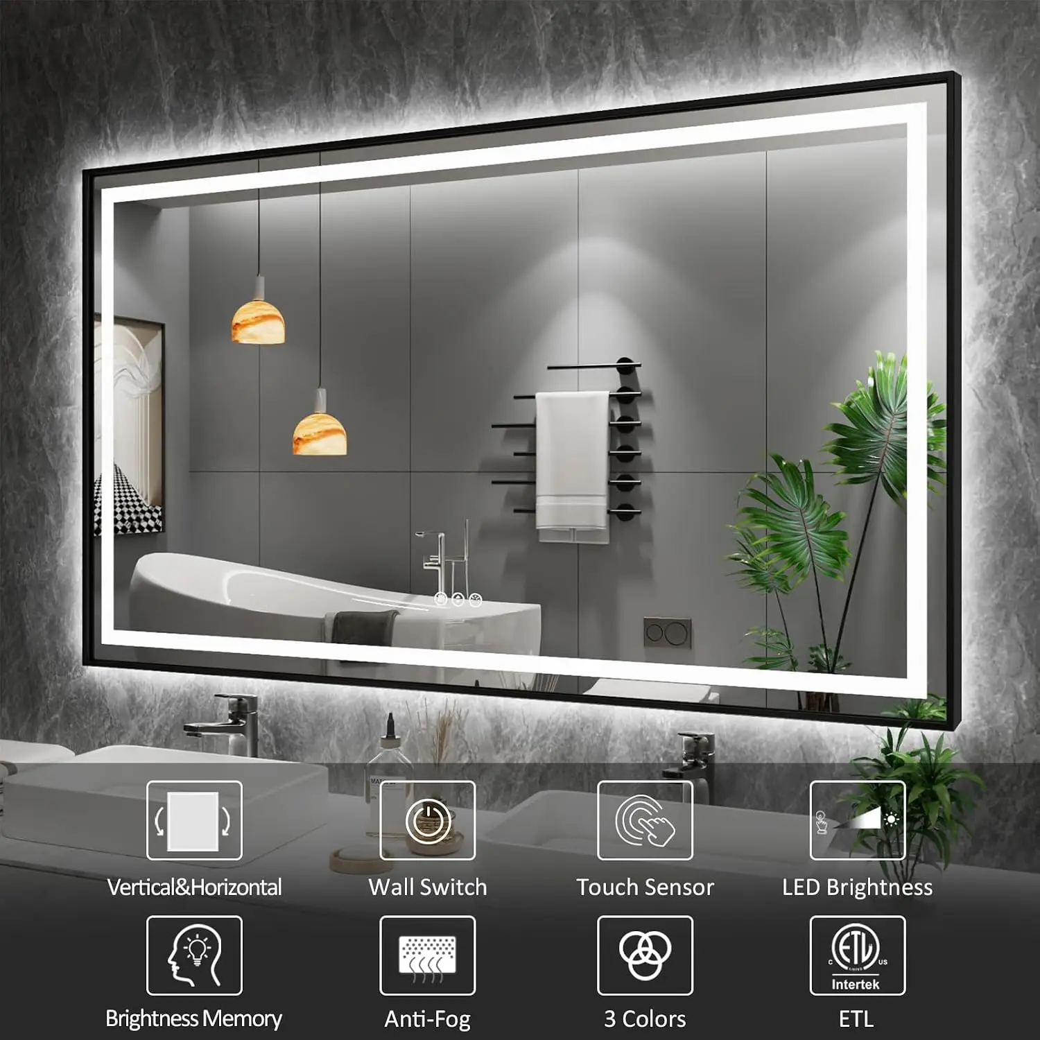 36 X30 Inch LED Bathroom Mirror Black Frame Front Lit Backlit Metal Framed Stepless Dimmable HD Reflection Anti Fog Shatter Proo