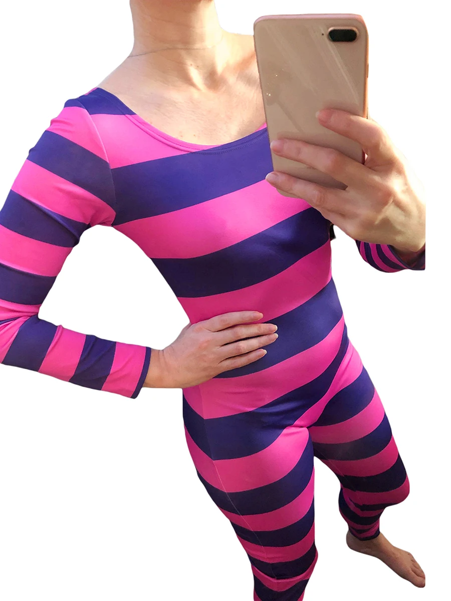 Women's Cheshire Cat Halloween Costume Pink Purple Striped Long Sleeve Jumpsuit Cosplay Outfits Festival Costumes