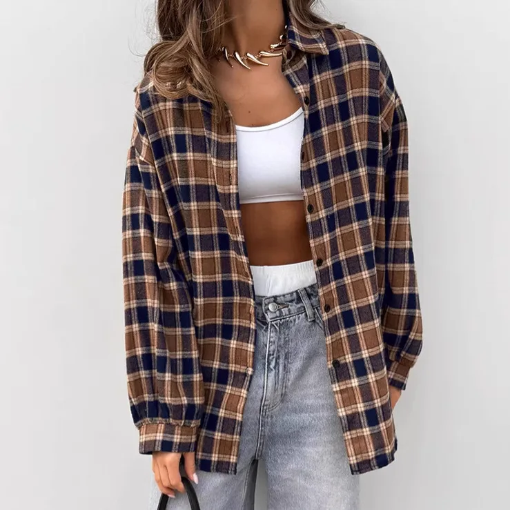

New Coffee-colored Plaid Lapel Loose Shirt 2025 Fashionable Casual Cardigan Women