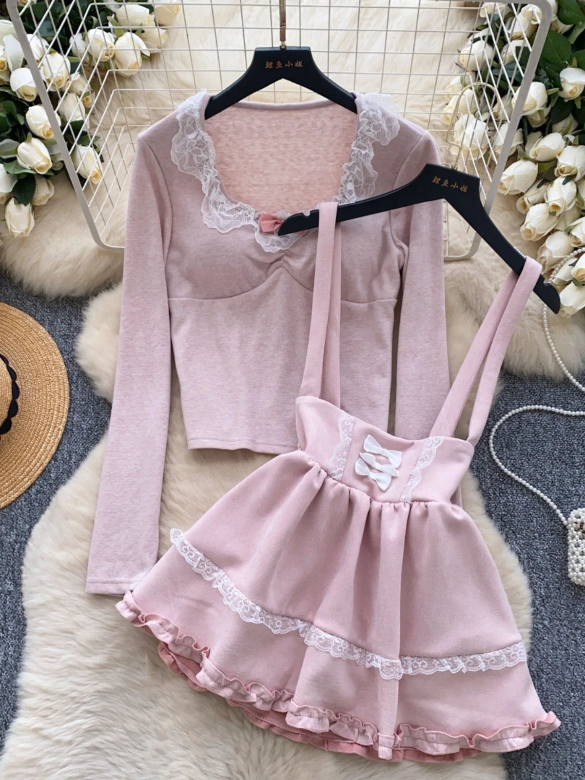 

Pure Desire Sweet Knot Waist Cinched Strap Puffy Dr Women's Layered Outer Lace Splice Long Sve Top