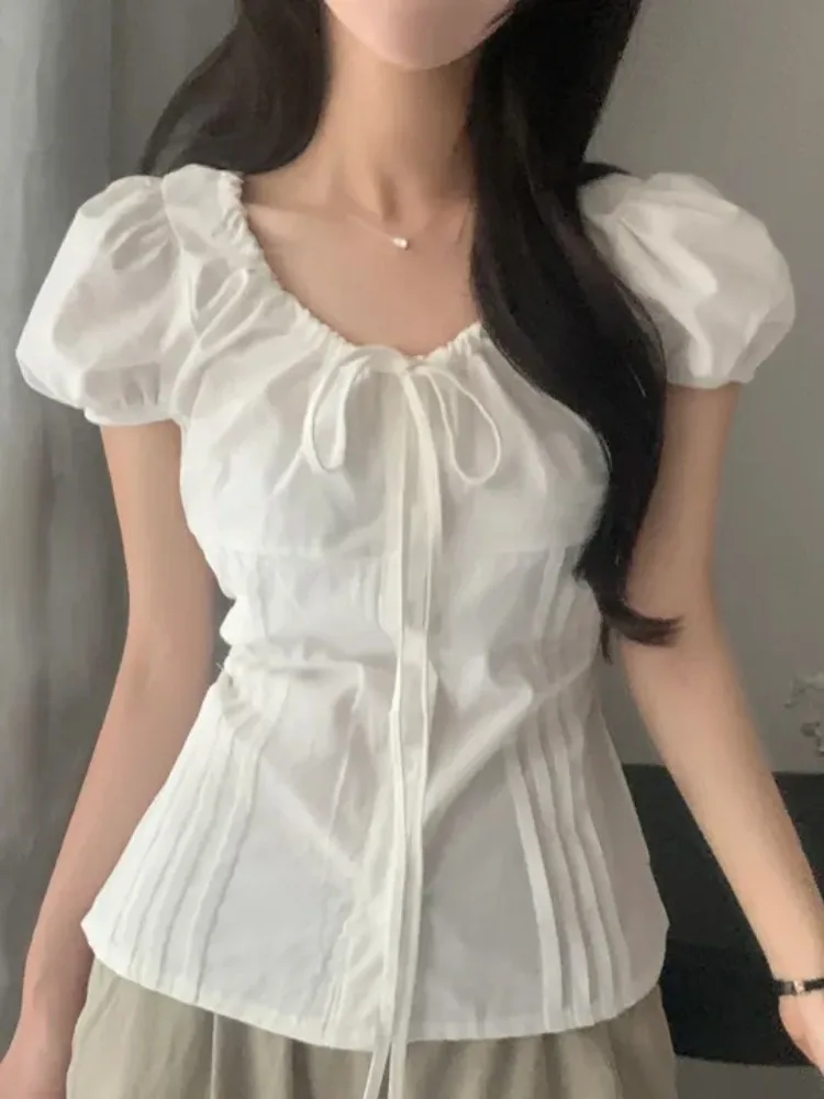 

Women's Bubble Sve irt Dstring Waist Summer New Sle Versatile Pleated Slim Fit Top Commute Chinese Origin Spring Au...