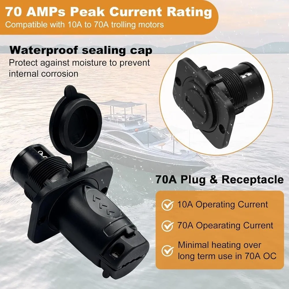 70A Trolling Motor Socket Charging Connector 6AWG For Battery Cables 12-48V Saltwater-Proof Connection For RV Boat Motors Kit