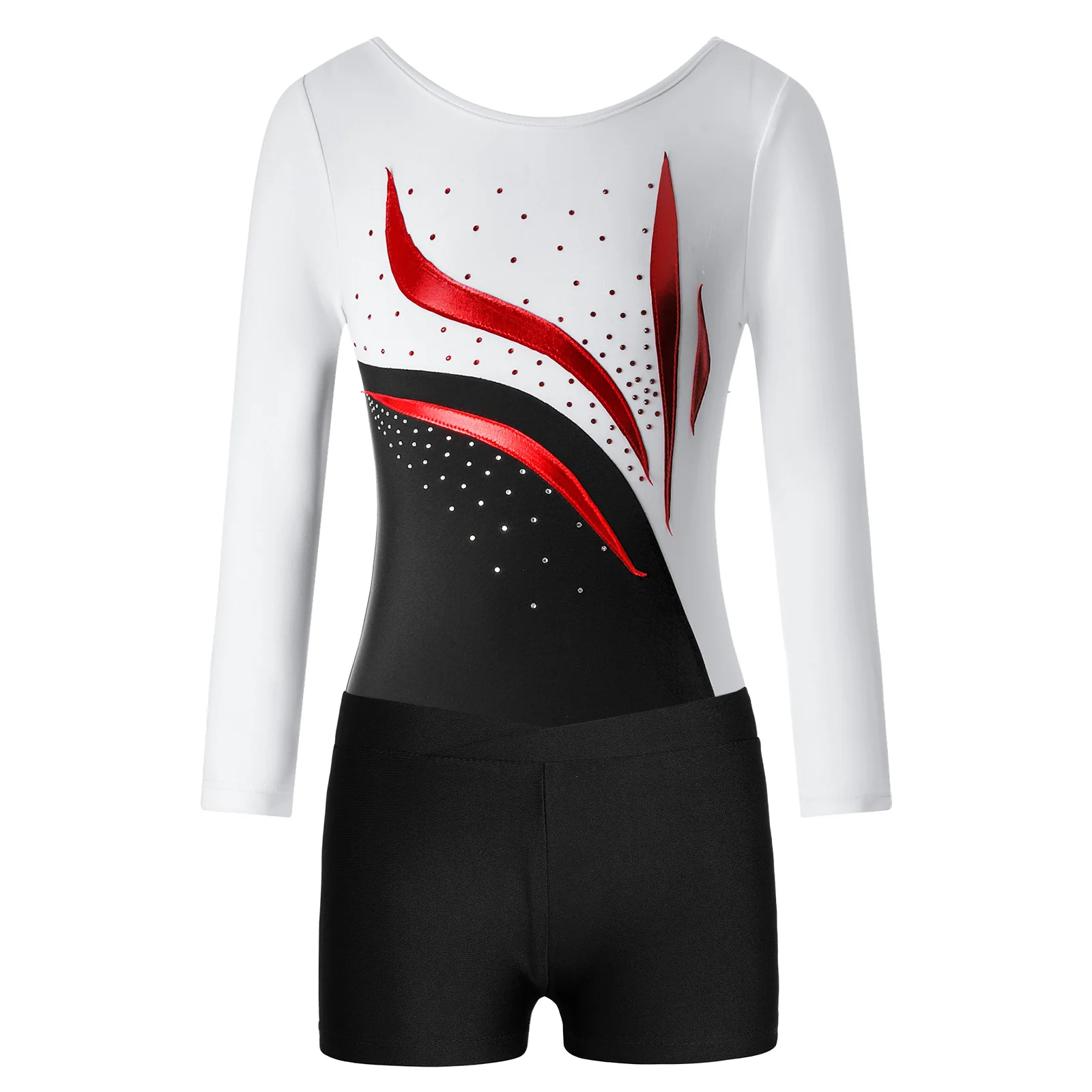 Kids Girls Long Sleeve Patchwork Gymnastics Leotard with Shorts Childrens Dancewear Set for Dancing Competition Skating Jumpsuit