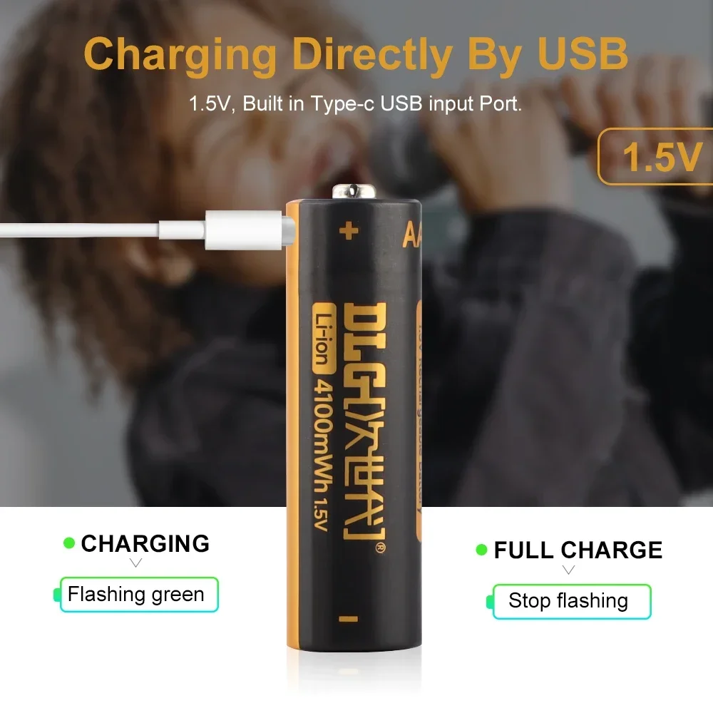 DLGPOWER 1.5V USB 4100mWh Lithium battery AA Rechargeable batteries with 4-in-1 USB Cable for Microphone Camera Small fan