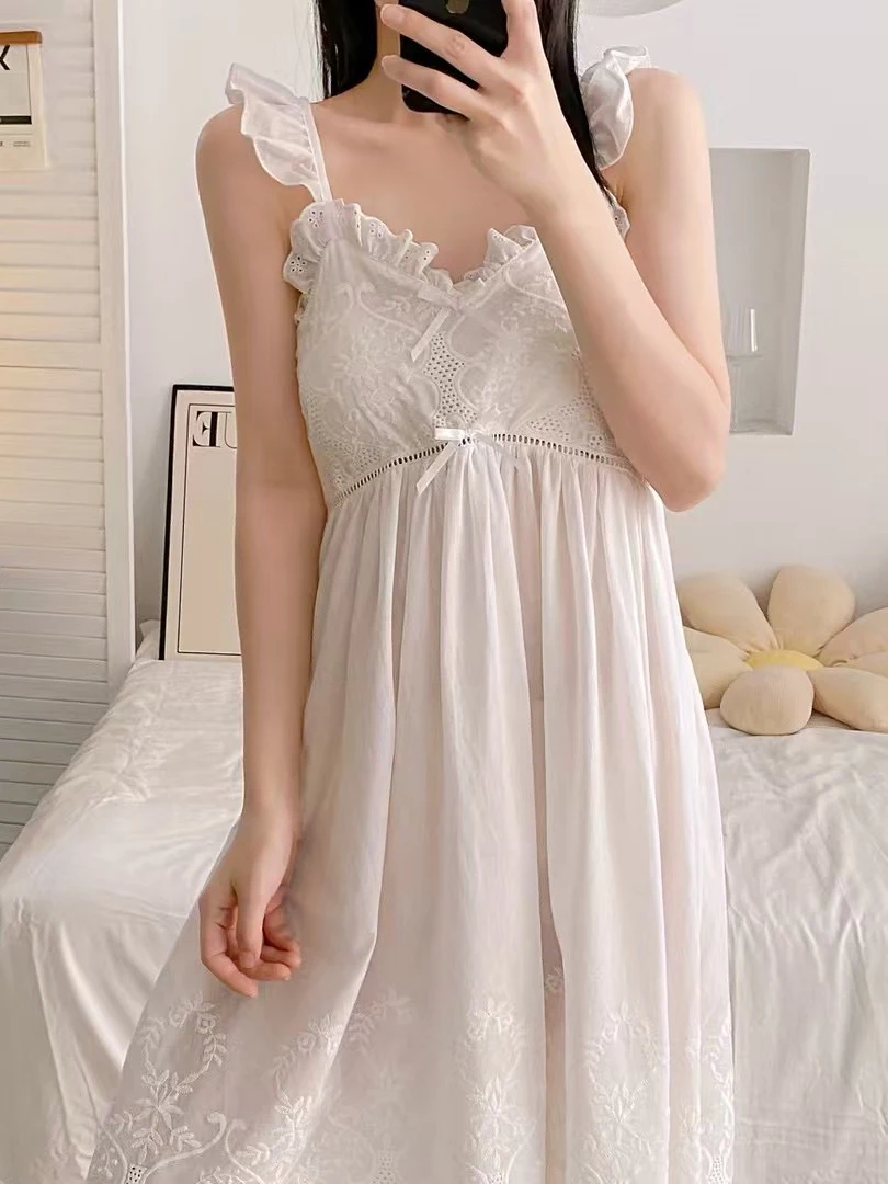 Sweet Fairy Style Thin Summer New Cotton Suspender Nightdress French Casual White First Love Lace Loungewear