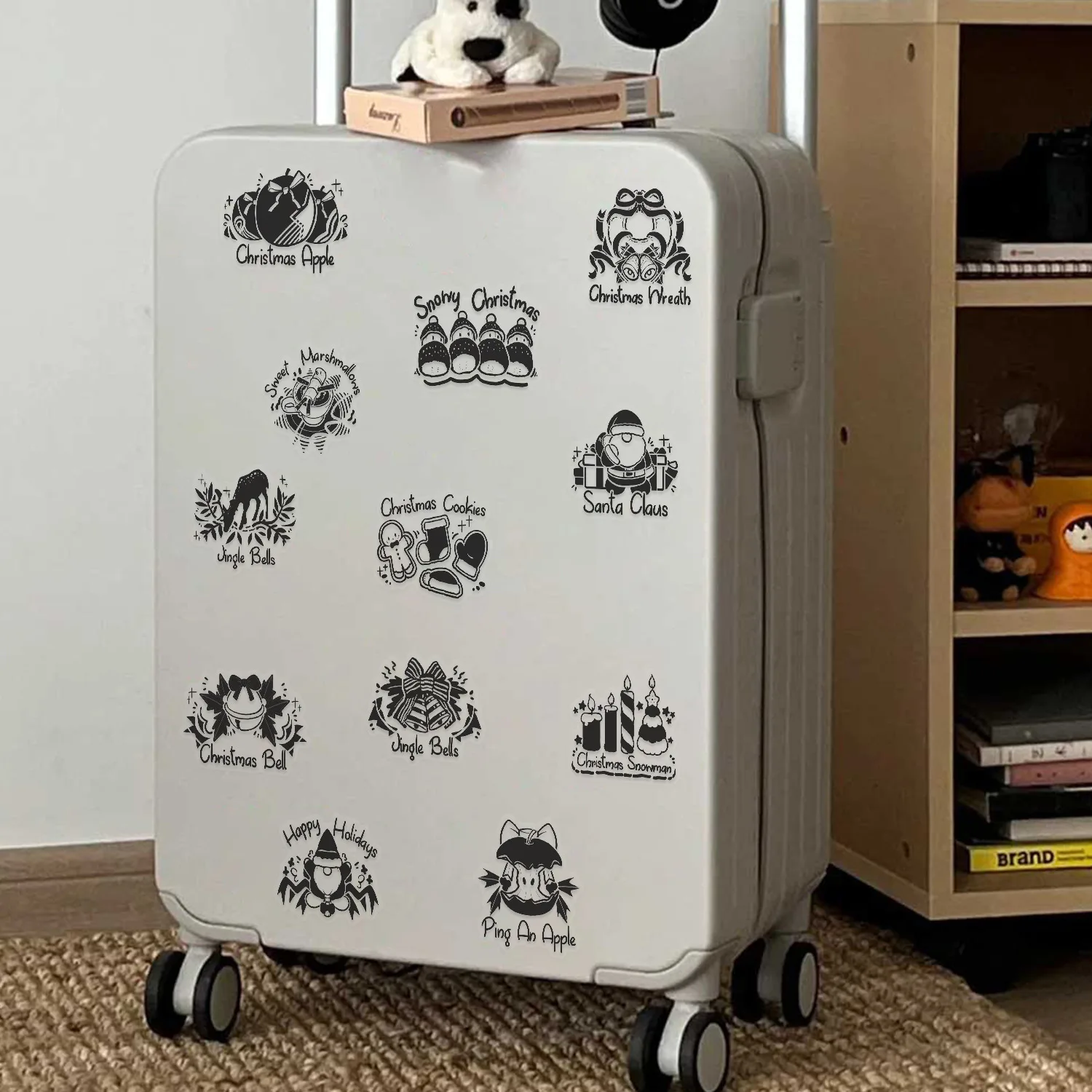 50 pezzi adesivi elementi natalizi in bianco nero trasparente decorazione graffiti notebook valigia chitarra telefono frigorifero decalcomanie