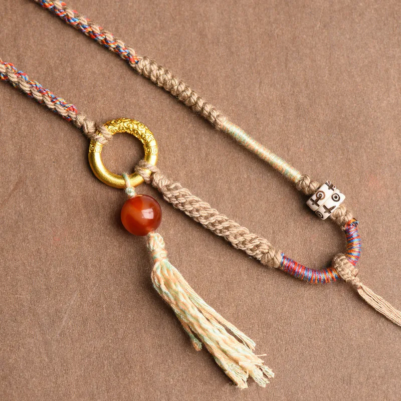 Hand-woven Tibetan pendant Rope Thangka Zakiram Dzi Bead Me Women's Hand-rubbed Cotton Necklace Rope Tibetan Ethnic Style