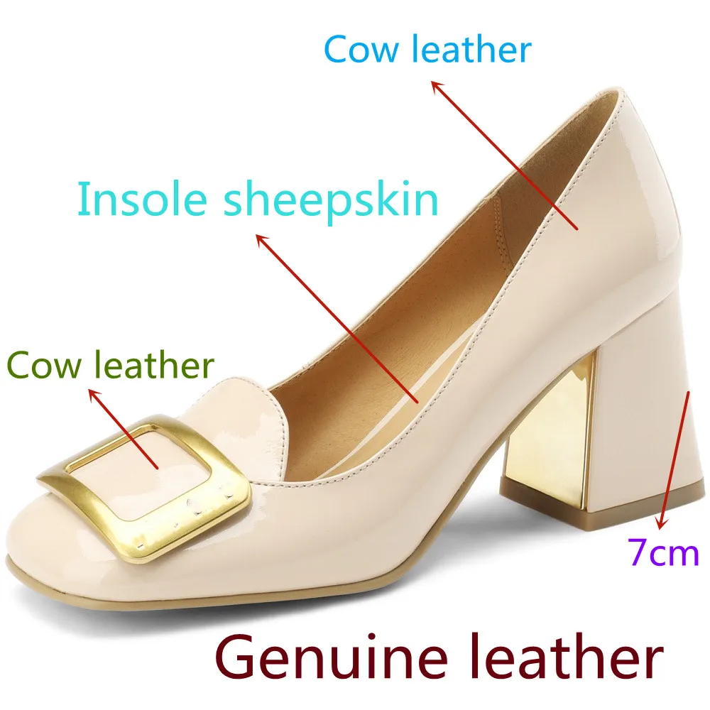 【JOCHEBED HU】Classic Chunky Heels Shoes Woman Genuine Leather Square Toe Slip-on Ladies Elegant Pumps High Heels Party Dress