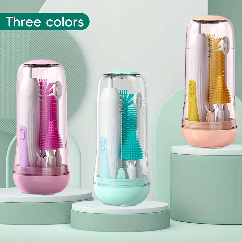 Travel Electric Baby Bottle Brush Set with Water Bottle Cleaner Nipple/Straw Brush Milk Frother Drying Rack UV Disinfection