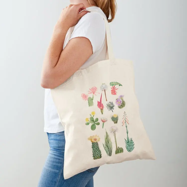 

Vintage Watercolor Flowering Cacti and Succulents Tote Bag foldable reusable bag Canvas Handbags women woman shopping bag