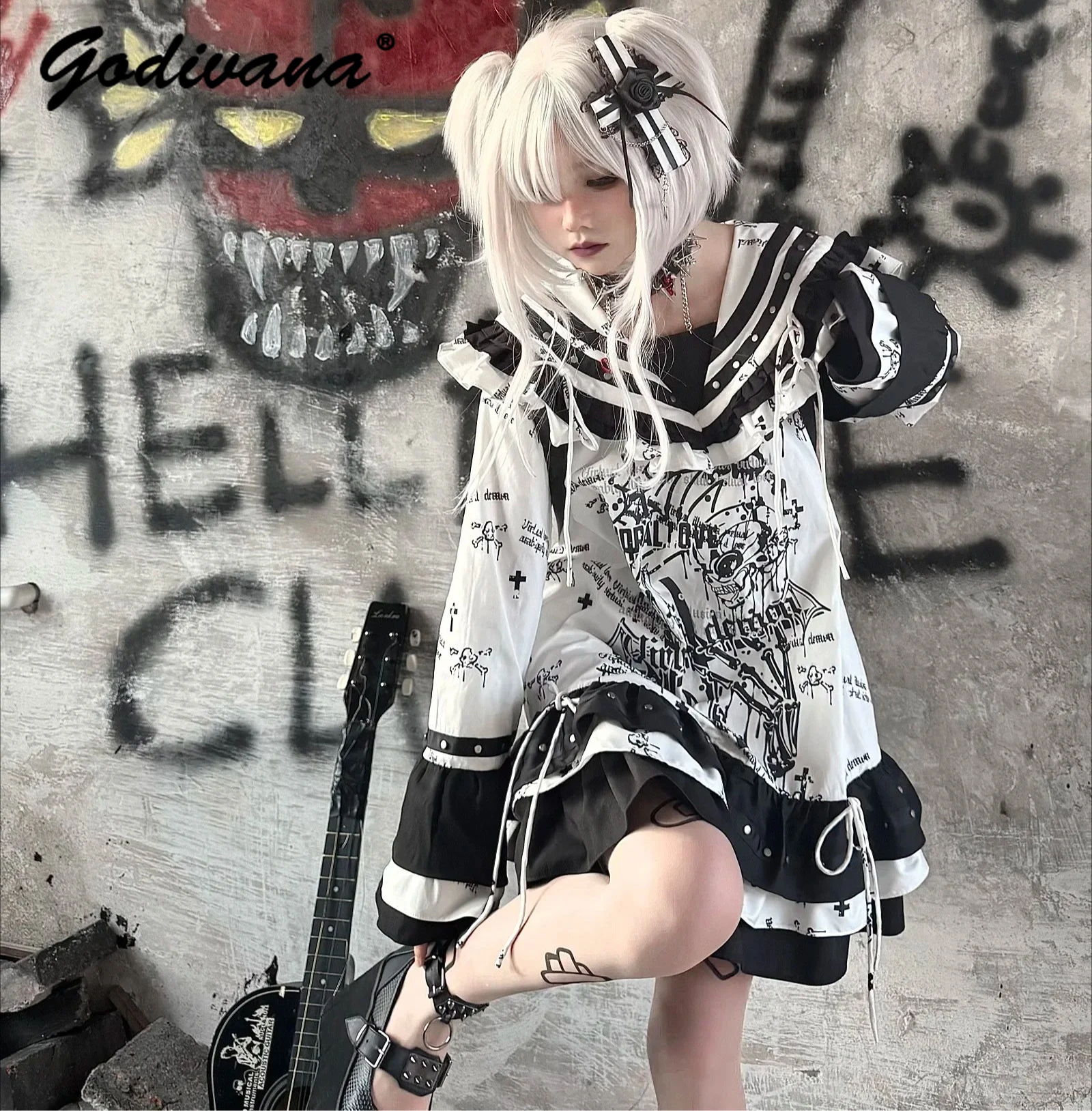 

Original Dark Punk Girls Subculture Printed Navy Collar Long Sleeve Sweatshirt Dress Spring and Autumn Y2K Women's Loose Dress