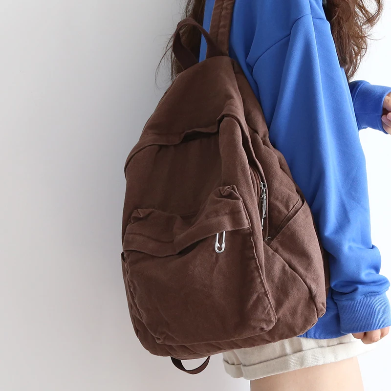 

Retro Faded Canvas Faionable Women's Bapa Korean Pure Color Bookbag College Student Bapa Foldable Soft oulder Bag
