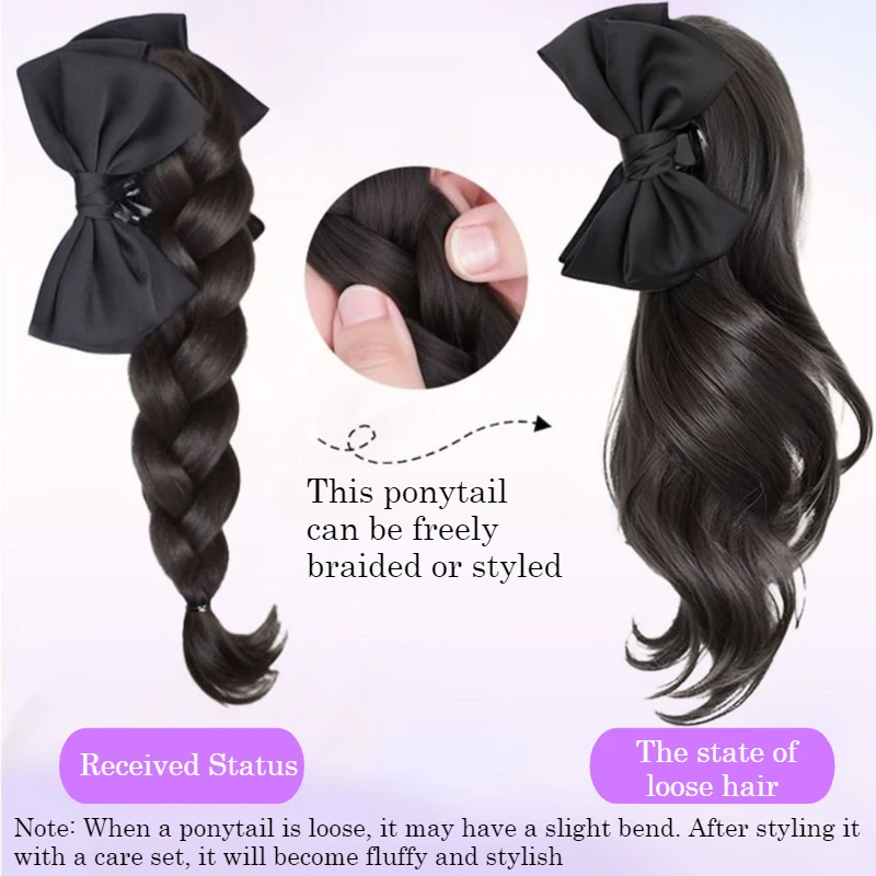 蝶結びヘアクリップ 編み込みウィッグ 女の子用 クロークリップインヘアエクステ ポニーテール リアルウィッグエクステ ヘアピース リアル編み込みウィッグ