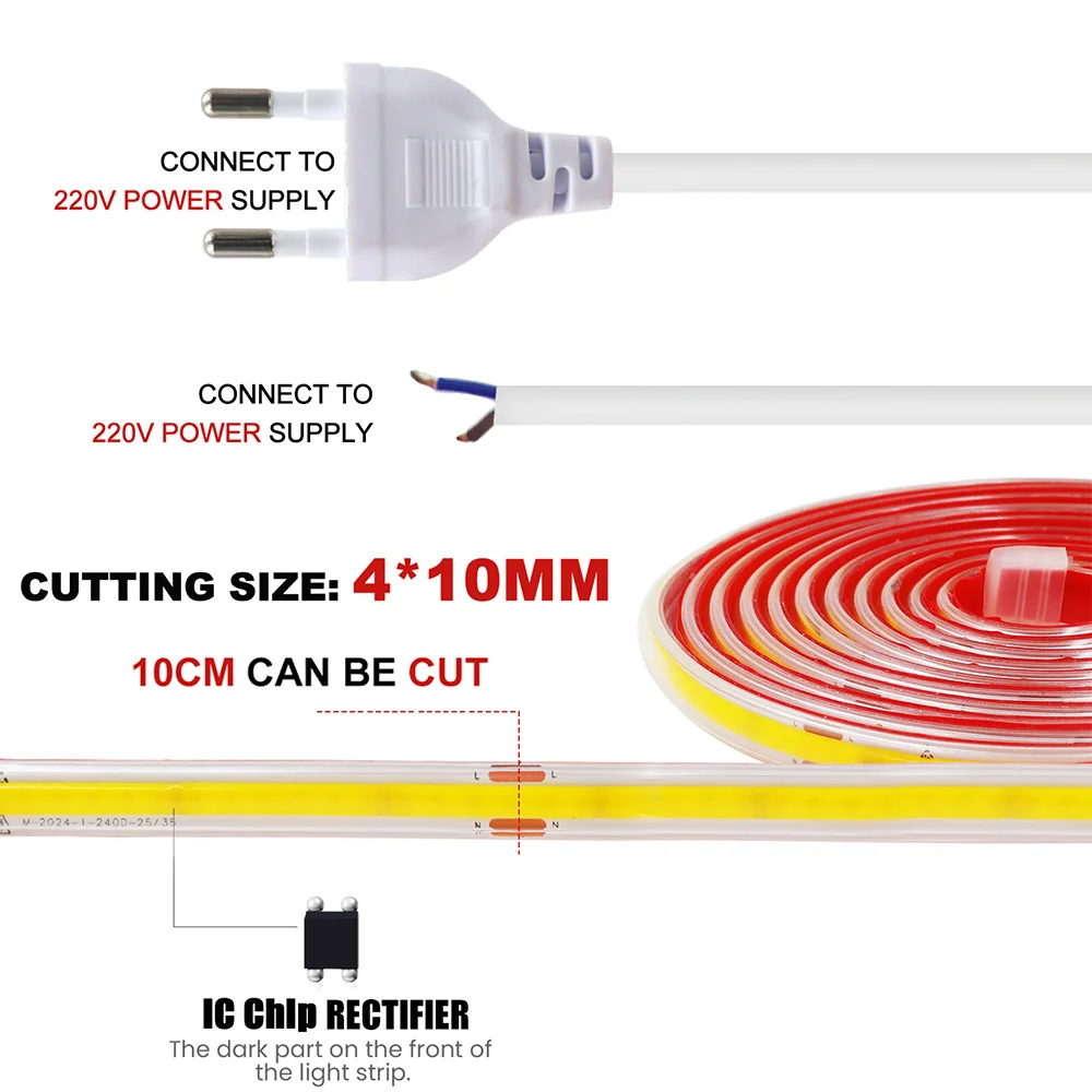 220V COB LED Strip Light Adhesive Tape 10CM Cut 2pin Wire Power Kit 240 LEDs Flex Linear Lighting RA90 1m 2m 5m 10m 20m 40m 0.5m