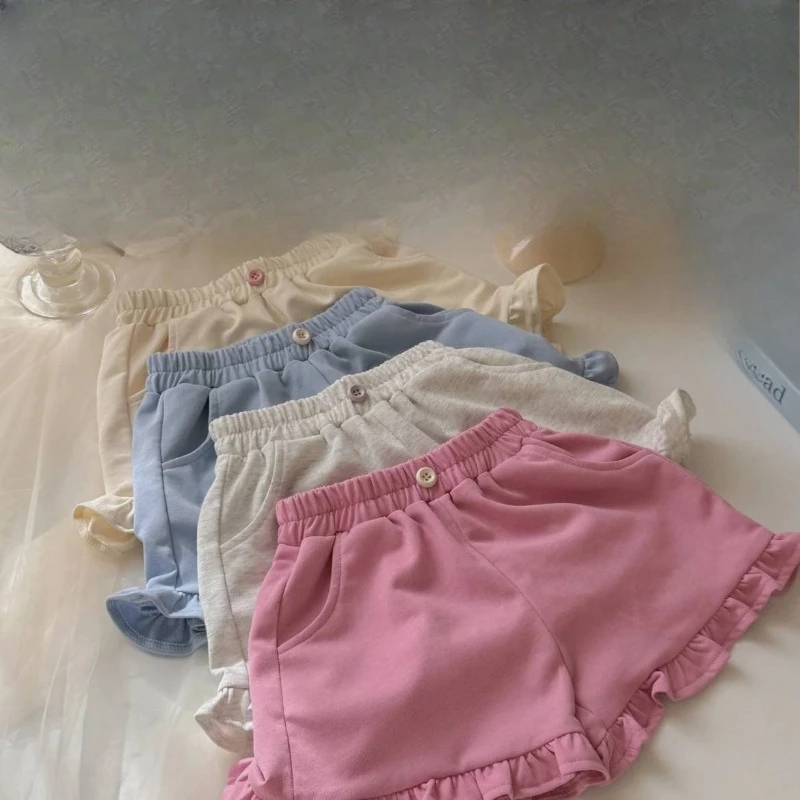 

Модные шорты для девочек, летние однотонные корейские кружевные штаны, детские шорты, коллекция одежды