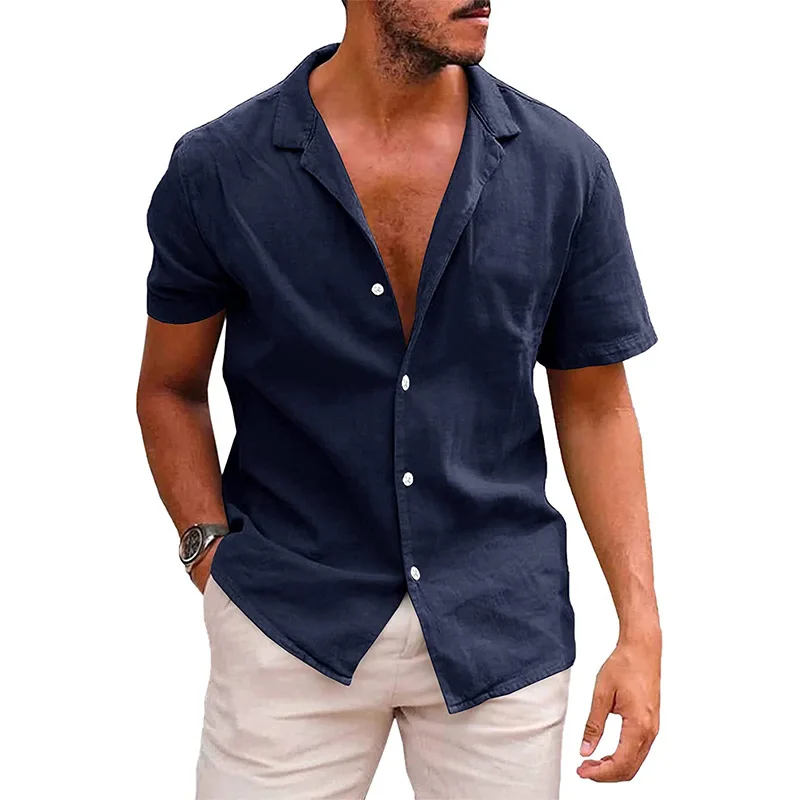 new Cotton Linen Blouse Summer Men Turn Down Collar Short Sleeve Button Loose Blouse Tops Oversized S-3XL