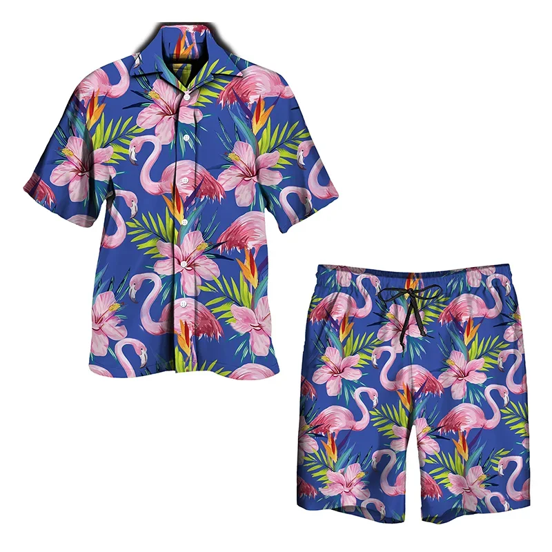 Flamingo Print Men Suit 3D Print Shirt Beach Shorts Oversized luxury 2Pcs set Vacation Hawaiian Streetwear Fashion Man Clothing