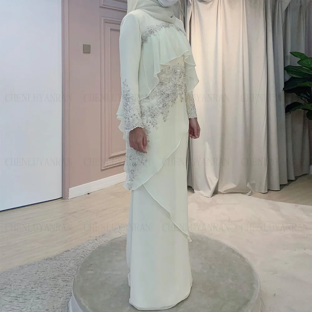 

Satin Muslim Wedding Dresses 2023 Applique O-Neck Long Wedding Dress Floor Length Mermaid Dresses For Women فستان حفلات الزفاف