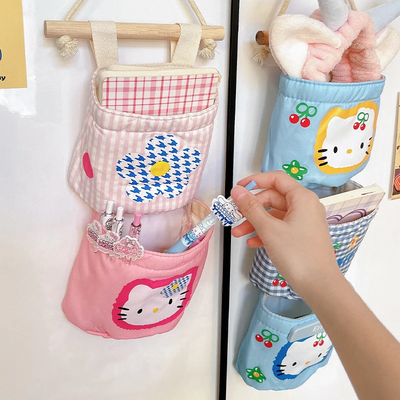 Hello Kitty Storage Hanging Bags Pink Sundries Sanrio Storage Bag The Fabric Hanging Wall Pouch Kawaii Girls Dormitory Organiser