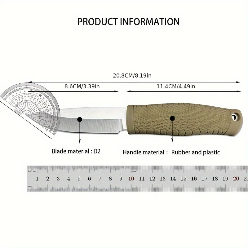 Fixed Blade BM 200 Knife D2 Blade Rubber Plastic Handle Tactical Self-defense Portable EDC Outdoor Tools,with Leather Sheath