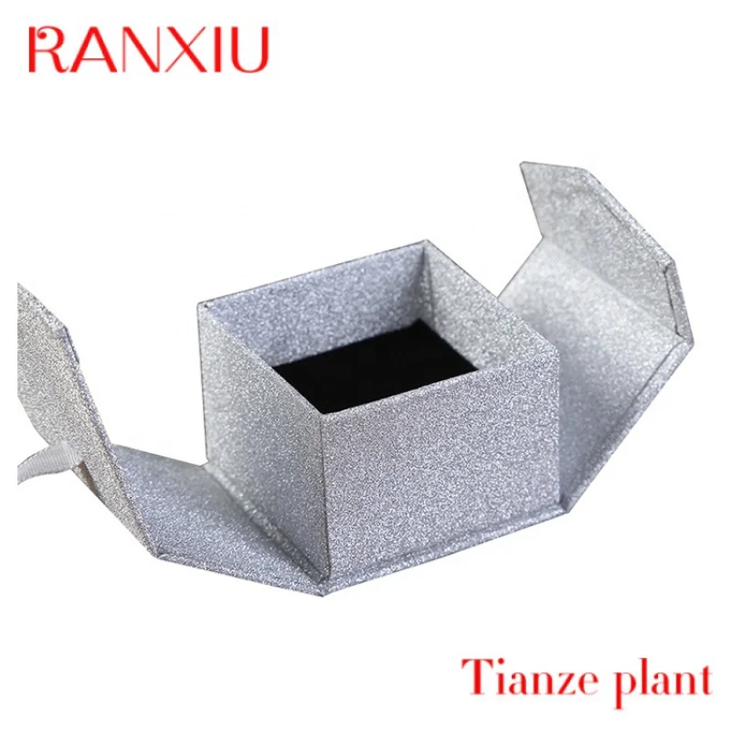 Custom Guorui Shinny Glittering Pearl Finishing Silver Gold Cardboard Paper Packaging jewellery Flip Ring Boxes with Ribbon