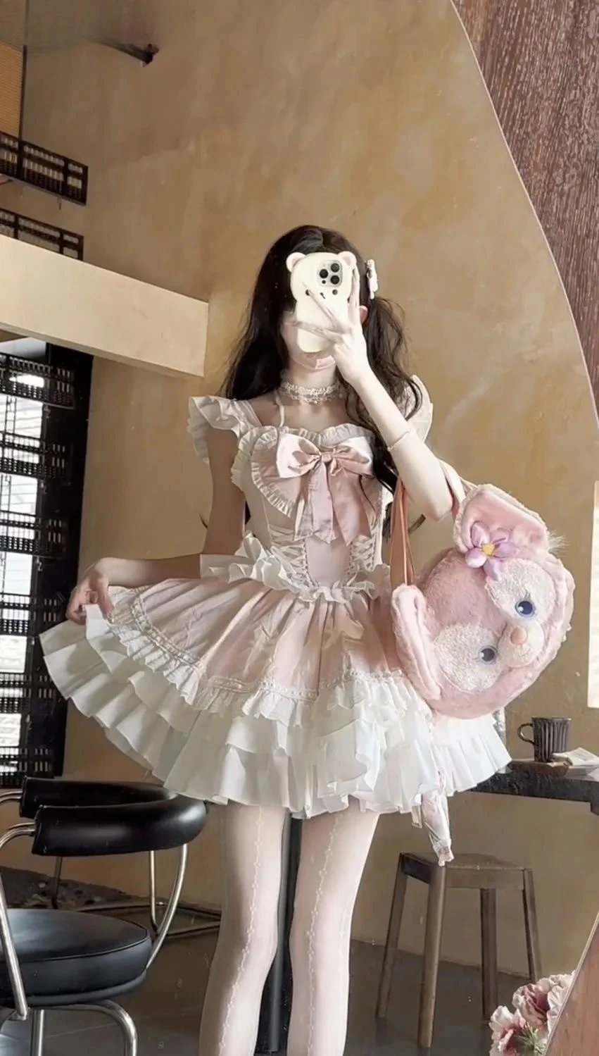 フライングスリーブボウ重工業ボールガウンエレガントなノースリーブショートドレス夏の恋人ロリータピンクプリンセスドレス