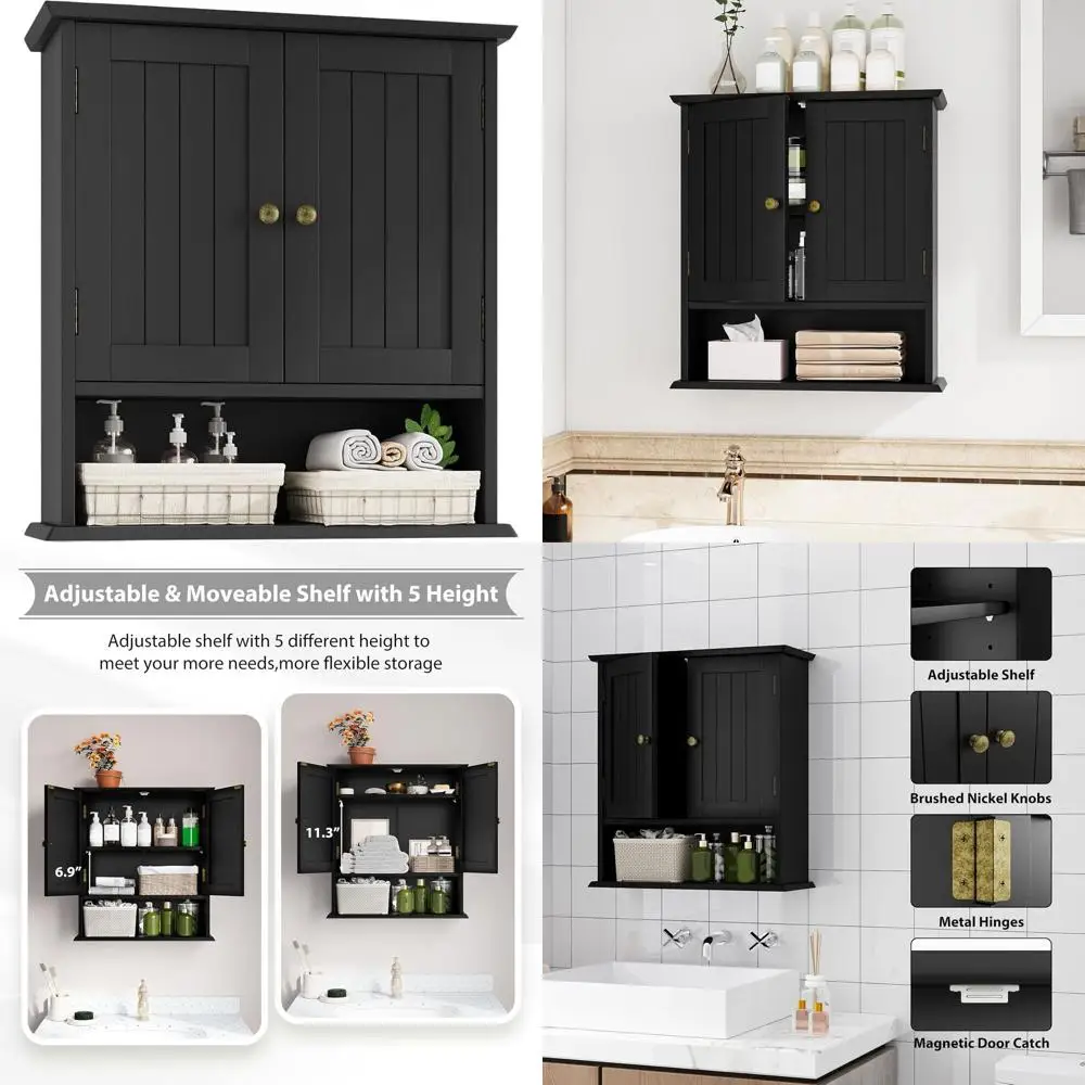 

Space-Saving Wooden Wall-Mounted Cabinet with 2 Doors and Open Shelf for Bathroom Storage
