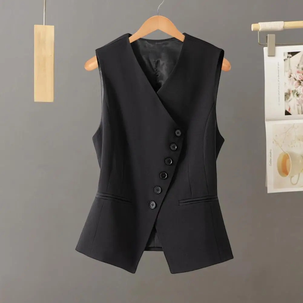 Formal Vest Jacket Elegant Sleeveless Women's Vest Coat with Single-breasted Buttons V Neck Western Style Slim Fit for Formal