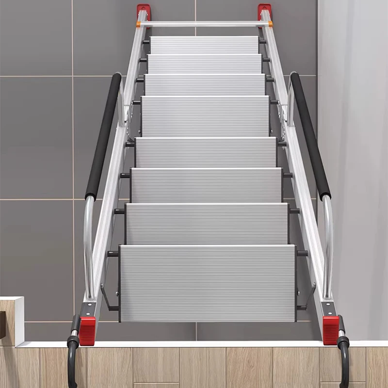 Aluminum Alloy Folding Loft Ladder Reinforced A-Frame Ladder with Hook Handrail Multi-Functional Staircase Home Use Telescopic L view 4