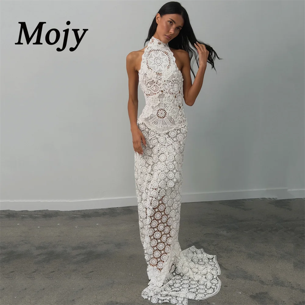Mojy Vintage Halter Lace Wedding Dress Mermaid Elgant Sleeveless Appliques Bobycon Bridal Gown Princess Bride Gown Customized
