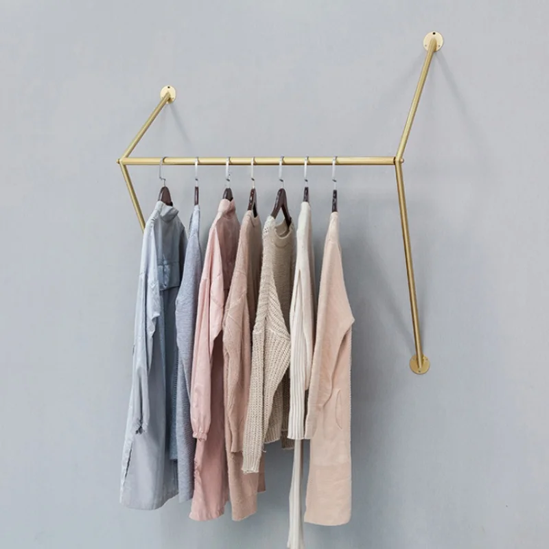 Custom, Fashion Gold Garment Metal Wall Mounted Hanging Rail Display Rack Retail Clothing Shop Fittings Interior Design