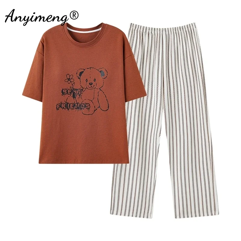 New Summer Cotton Pajamas for Women Short Sleeved Long Pants Pijamas Korean Soft Pijamas Letter Print Woman Sleepwear