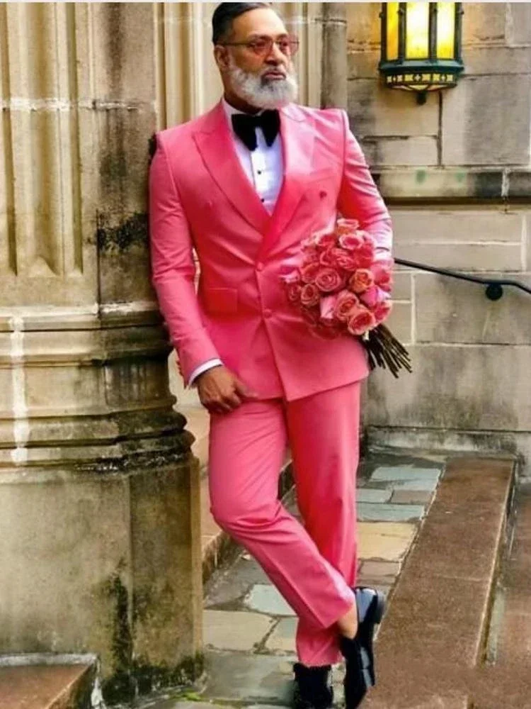 

Pink Formal Wedding Men Suit Groom Tuxedo Prom Slim Fit Blazer Hombre Double Breasted High Quality Custom 2 Piece Set Costume