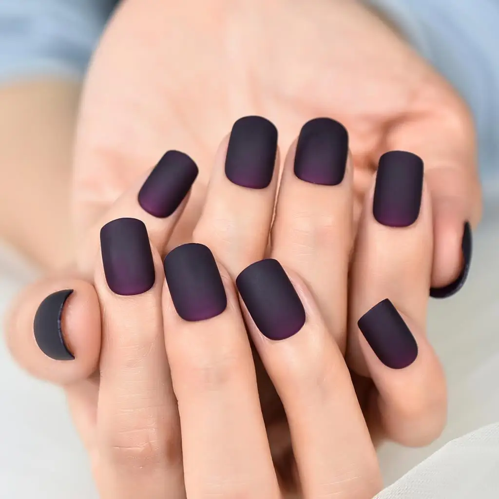 Short Squoval Matte Purple Black Design Fake Nails Tips Press On Nail Art Full Coverage Reusbale Salons At Home False Nails