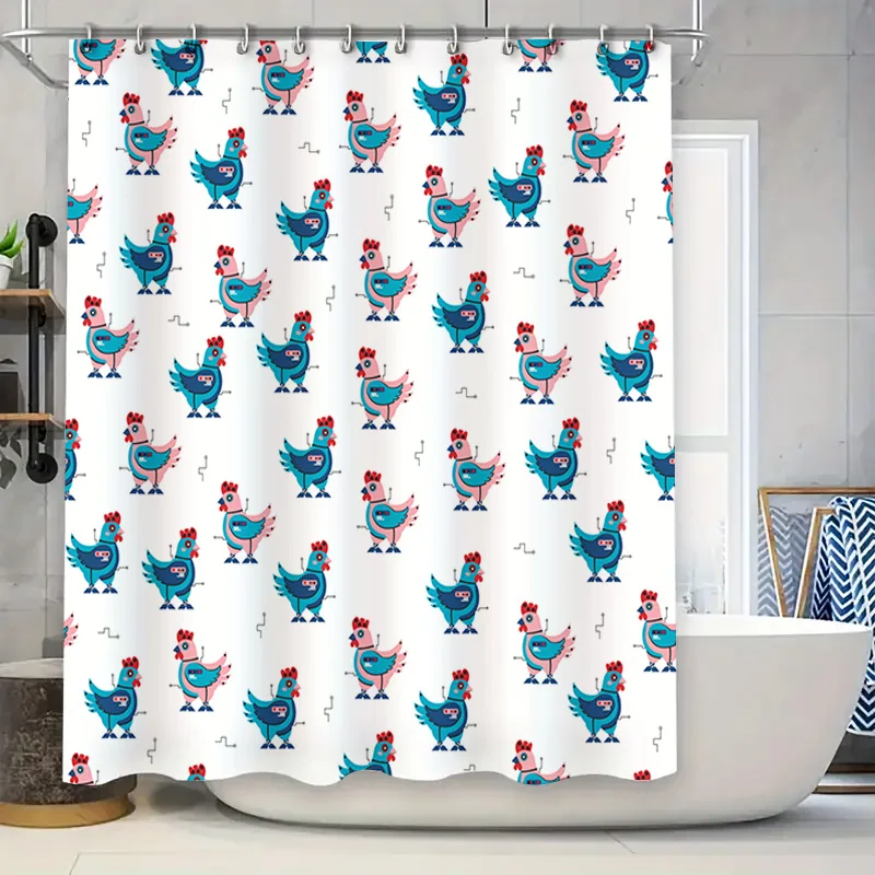 

Chickens Pattern Shower Curtain Blue Cartoon Bathroom Decor Waterproof Washable Bath Mat Set Home Decoration Gift for Kids Adult