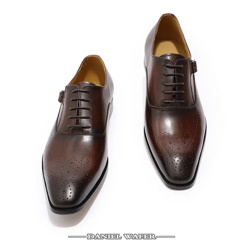 Classic Men\'s Genuine Leather Oxford Shoes Buckle Lace-Up Office Dress Wedding Brogue Pointed Toe Business Formal Shoes