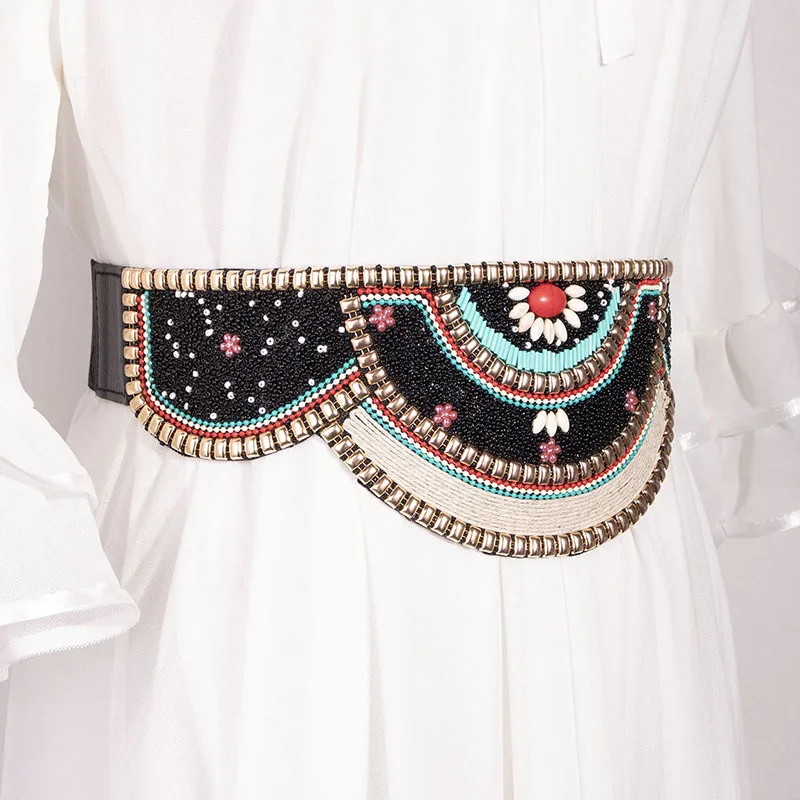 Women\'s Elastic Wide Girdle Ethnic Style Bead Belt Pure Handmade Bohemian Colorful Shells Ladies Elegant Corset Decor Waistband