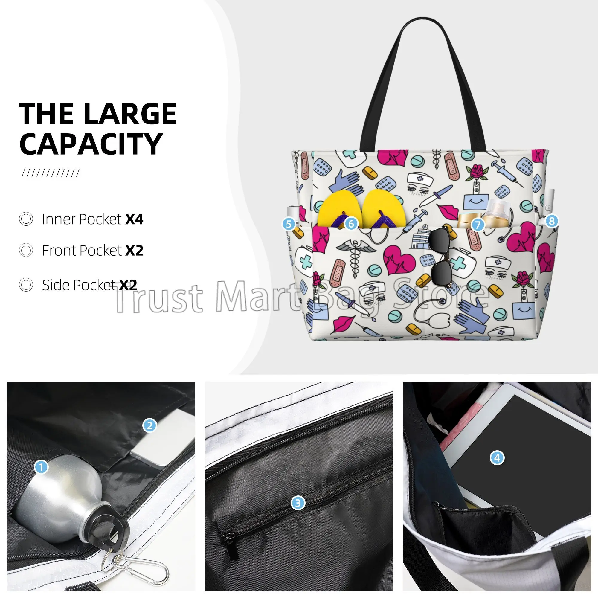 Nurse Print Beach Tote Bags for Women Waterproof Sandproof Large Pool Bag Stylish Zipper Beach Tote for Swim Gym Travel Shopping