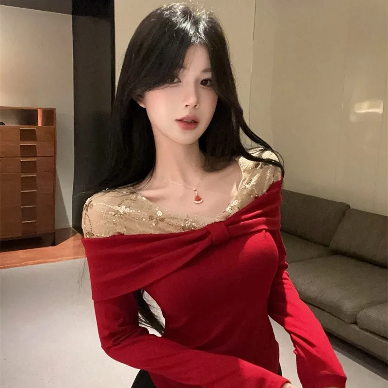 

Pure Desire Splice Super Beautiful One oulder Celebri Sle Long Sve T-irt Sexy Girl Autumn Winter New Arrival Slimm...